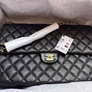 NEW 24K CHANEL XXL Black Caviar Classic Travel Flap Bag Gold CC Handbag Airline